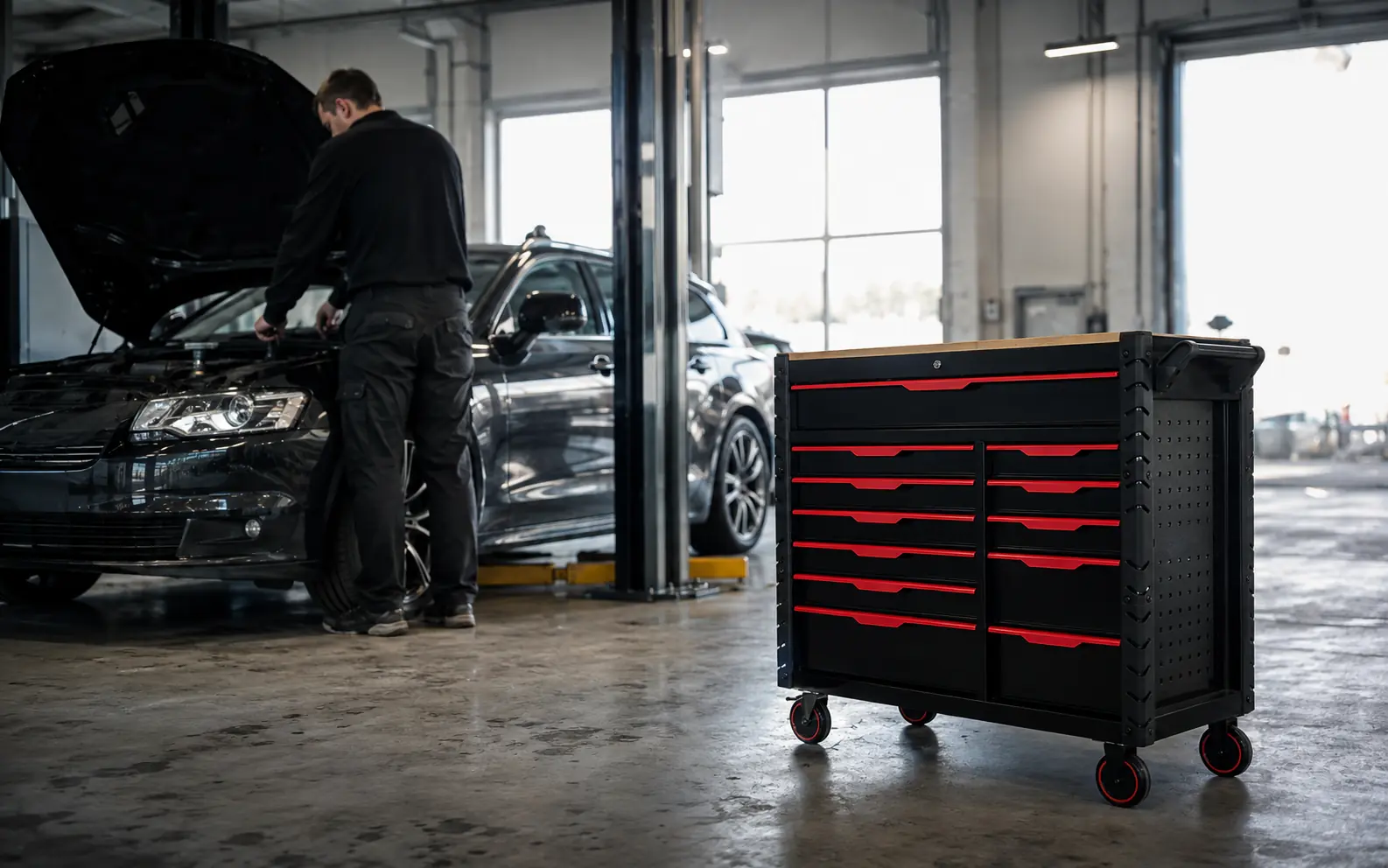 Valoisa autokorjaamo, jossa on työkaluvaunuja, käsityökaluja ja mekaanikko työssään.